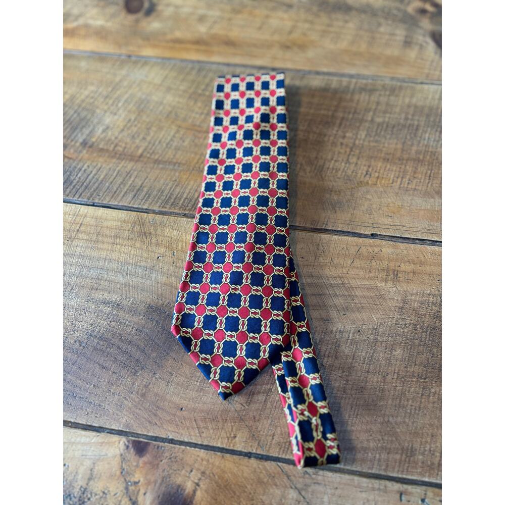 Paolo Gucci‎ Classico 100% Silk Navy Red Geometric Chain-Link Necktie Italy